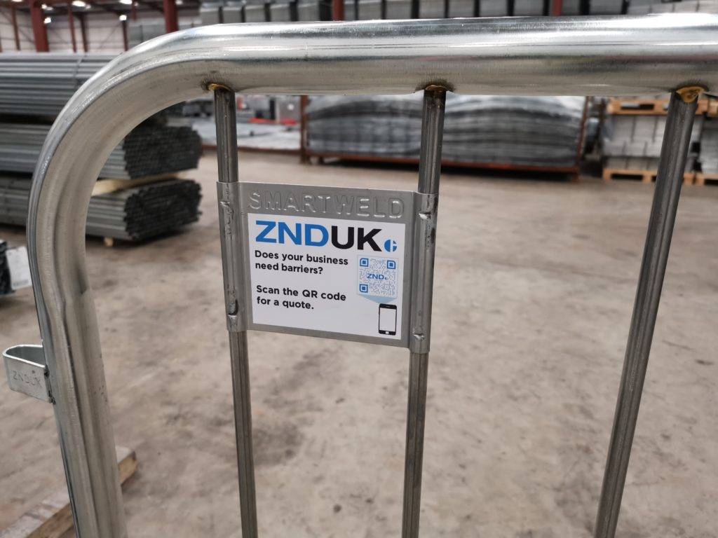A Branded QR Label using ZND UK branding on one of our ZND SmartWeld Barriers