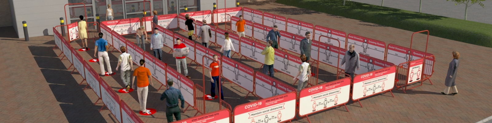 Social distance queuing system using SmartWeld barriers, walkthroughs and covers.