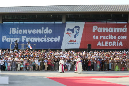 The Pope walking past a crowd of people managed by ZND barriers at the 2019 World Youth Day