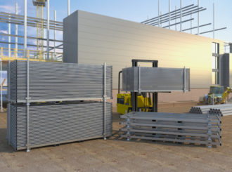 Temporary fence panels being stored and transported in stillages