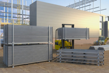 Temporary fence panels being stored and transported in stillages