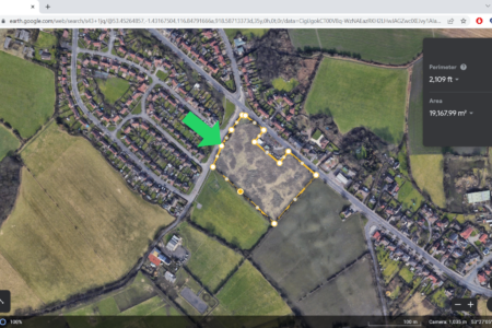 arrow pointing to the location measured using the measuring tool on google earth